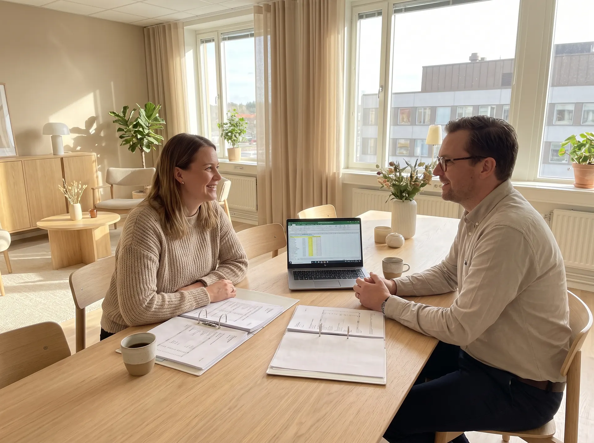 Redovisningskonsult och företagare går igenom ekonomiska rapporter tillsammans
